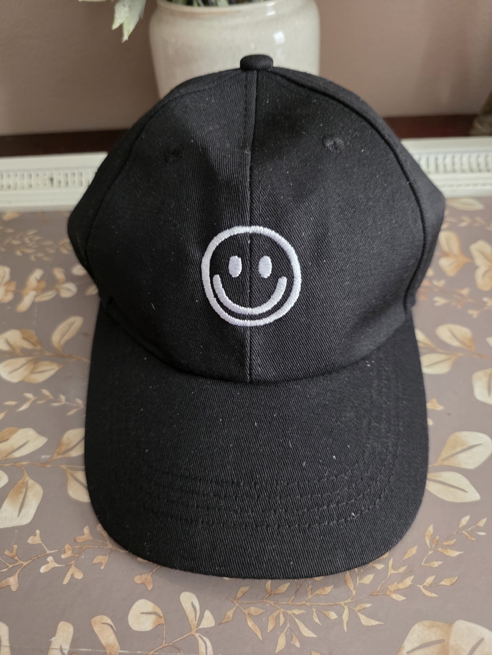 Black Baseball Cap with White Smiley Embroidery